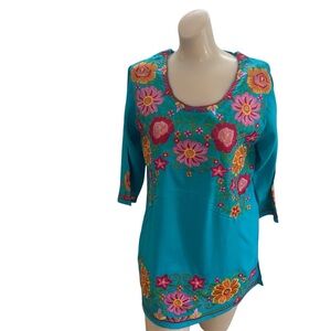 Durga Blue Floral Embroidered Blouse Size Medium 100% Viscose